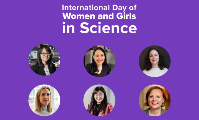 Portraits of Qian Chen, Sarah Haigh, Tara Love, Lin Ma, Sofia Marchesini, Magda Titirici with the text International Day of Women and Girls in Science against a purple background